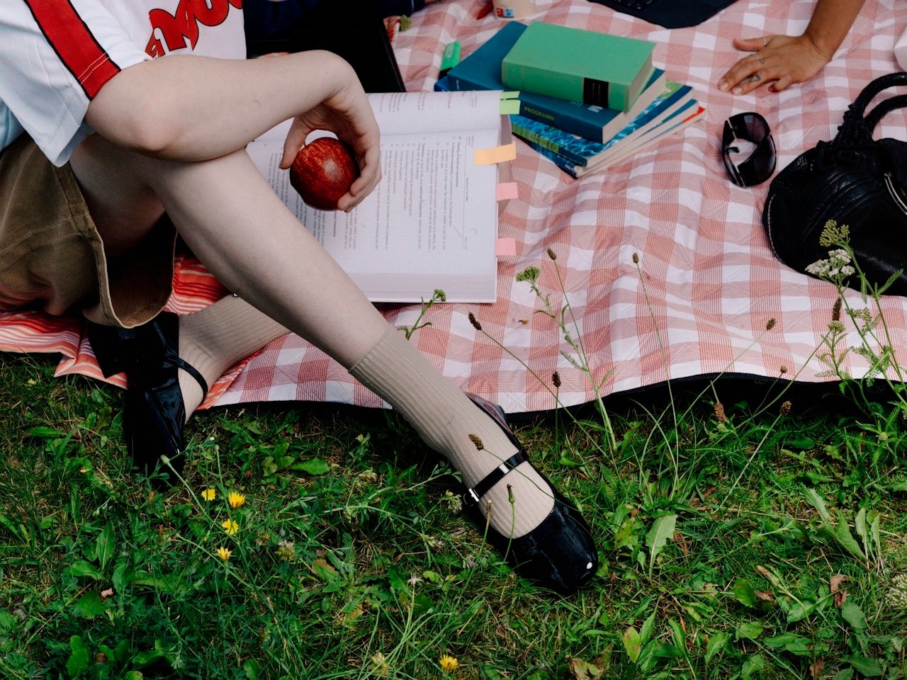 A student picnic with books on a checkered blanket